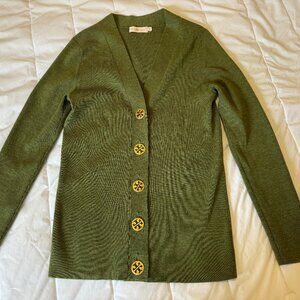 Tory Burch Ribbed Simone Cardigan olive green L
